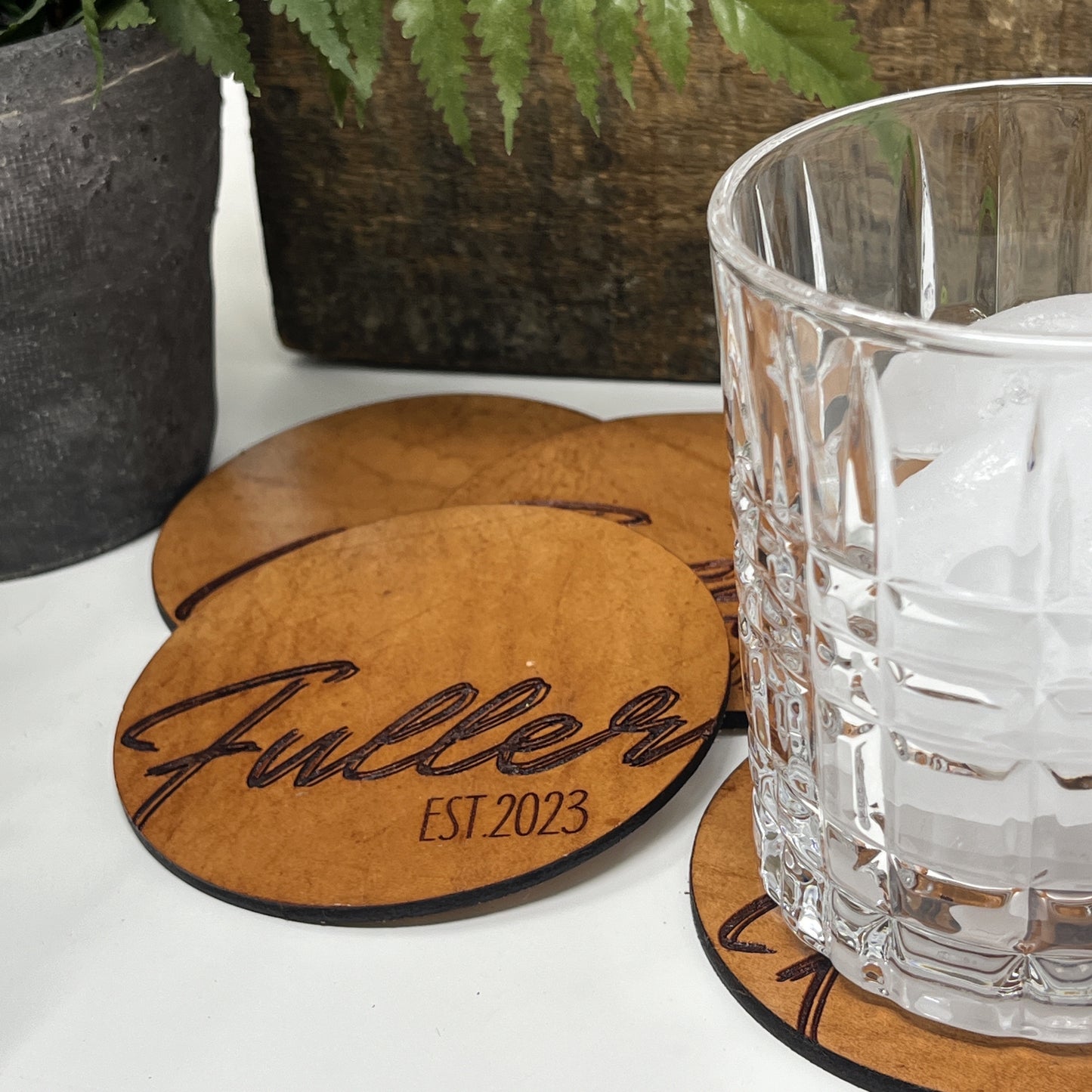 Genuine Leather Coasters with Last Name and Date