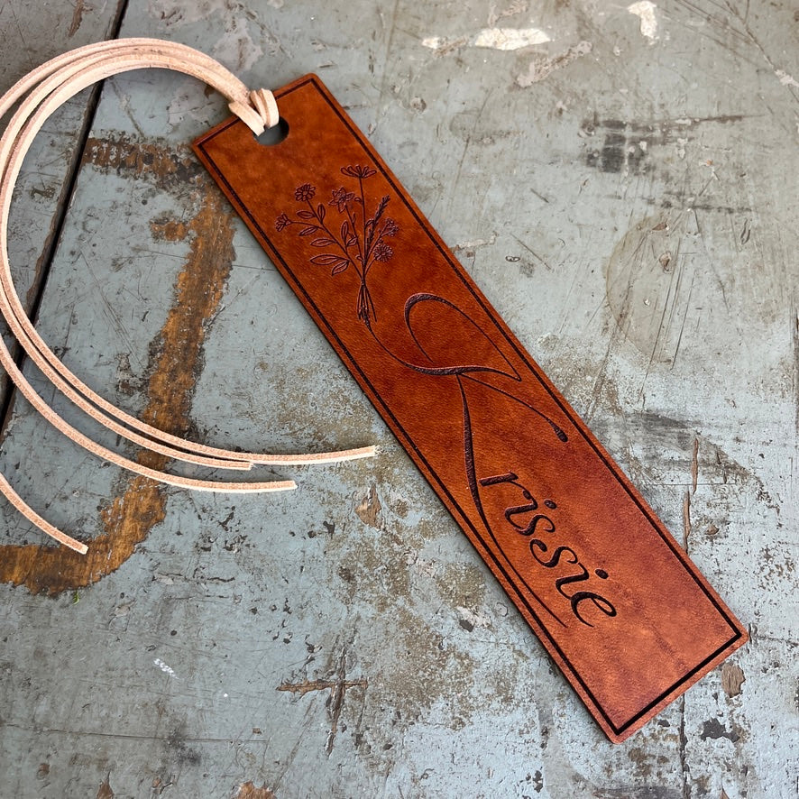 Leather Name Bookmark – Hand-Drawn Wildflowers Personalized Gift