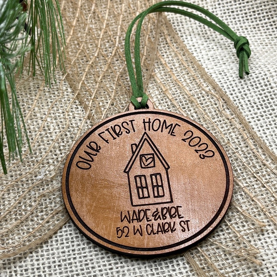 Our First Home Ornament 2025 - House Warming Christmas Gift - Genuine Leather Ornament