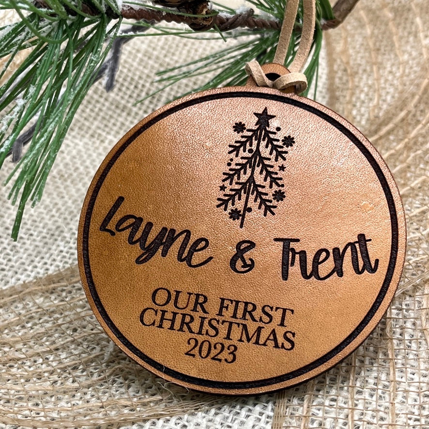 Our First Christmas 2025 - Couples Ornament - Engraved Leather Ornament