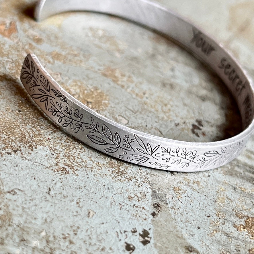 Floral Engraved Aluminum Cuff Bracelet | Secret Message Inside | Personalized Inspirational Gift for Her | Adjustable Hypoallergenic