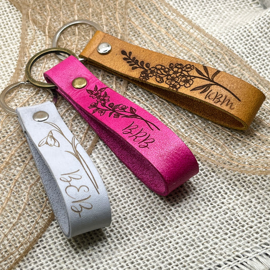 Flower Keychain, Leather Initial Keychain, Personalized Leather Key Fob for Her