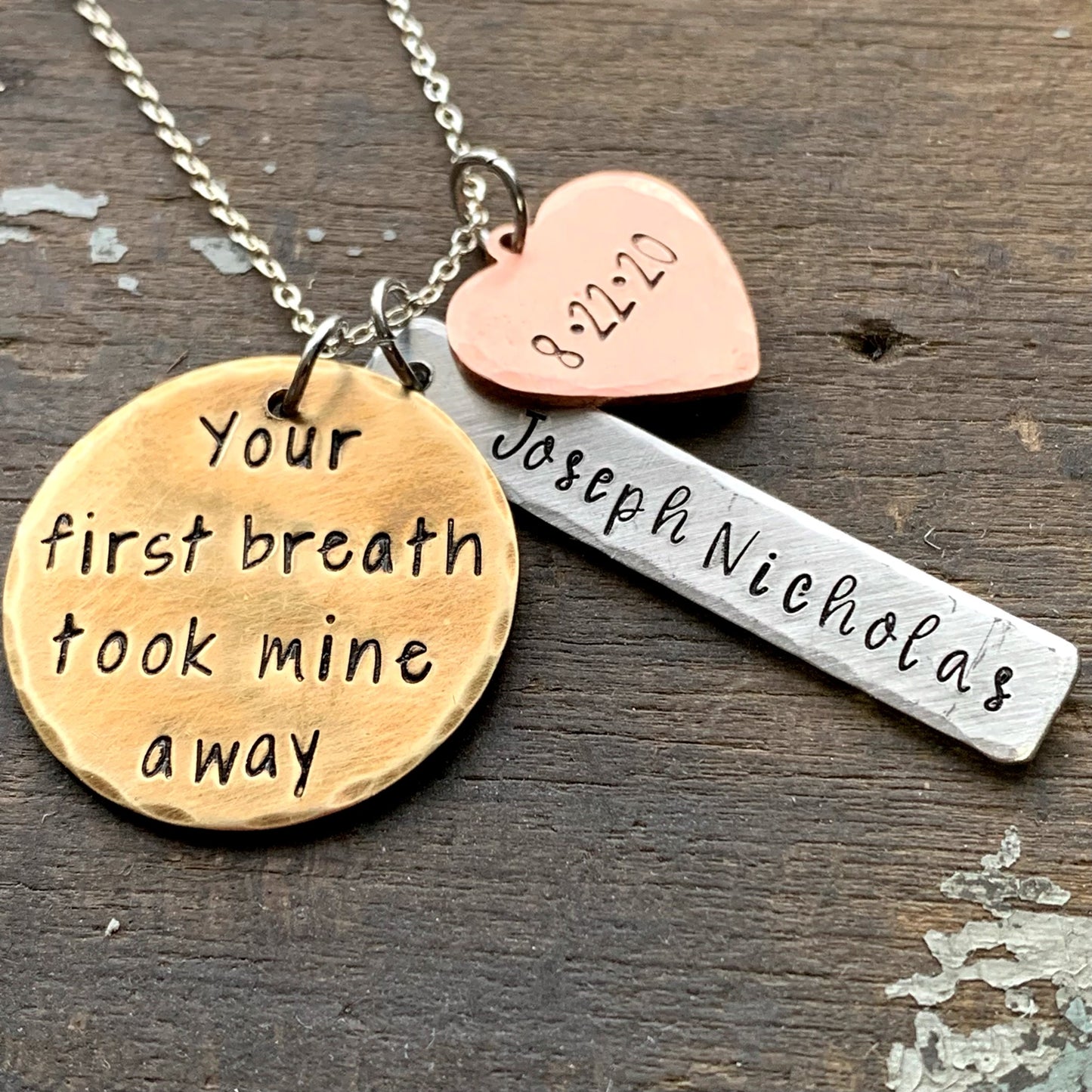 Sentimental Necklace for New Moms – Hand Stamped Baby Name and Birthdate Jewelry