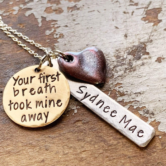 Personalized Gift for New Mom, Your First Breath Took Mine Away Necklace - KyleeMae Designs