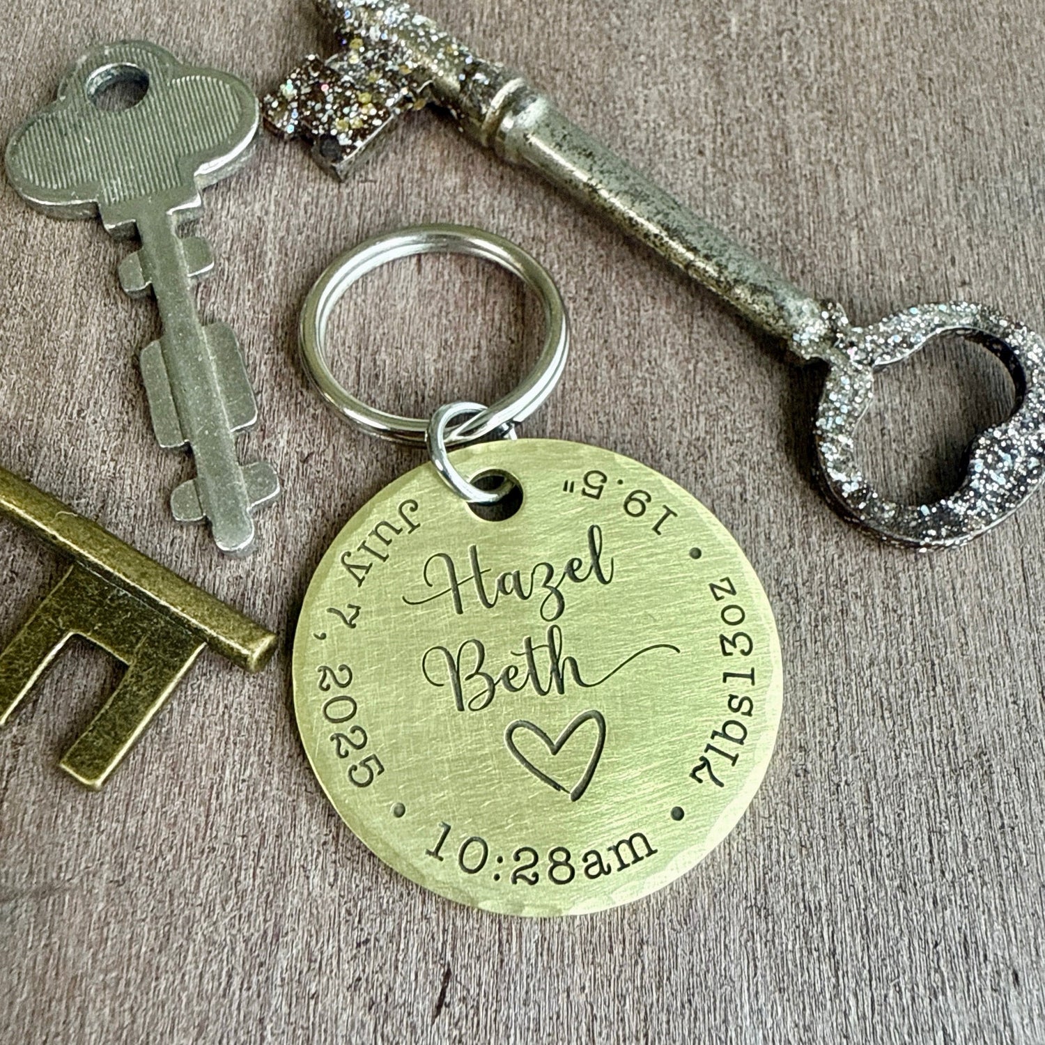 personalized new baby keychain with birth stats