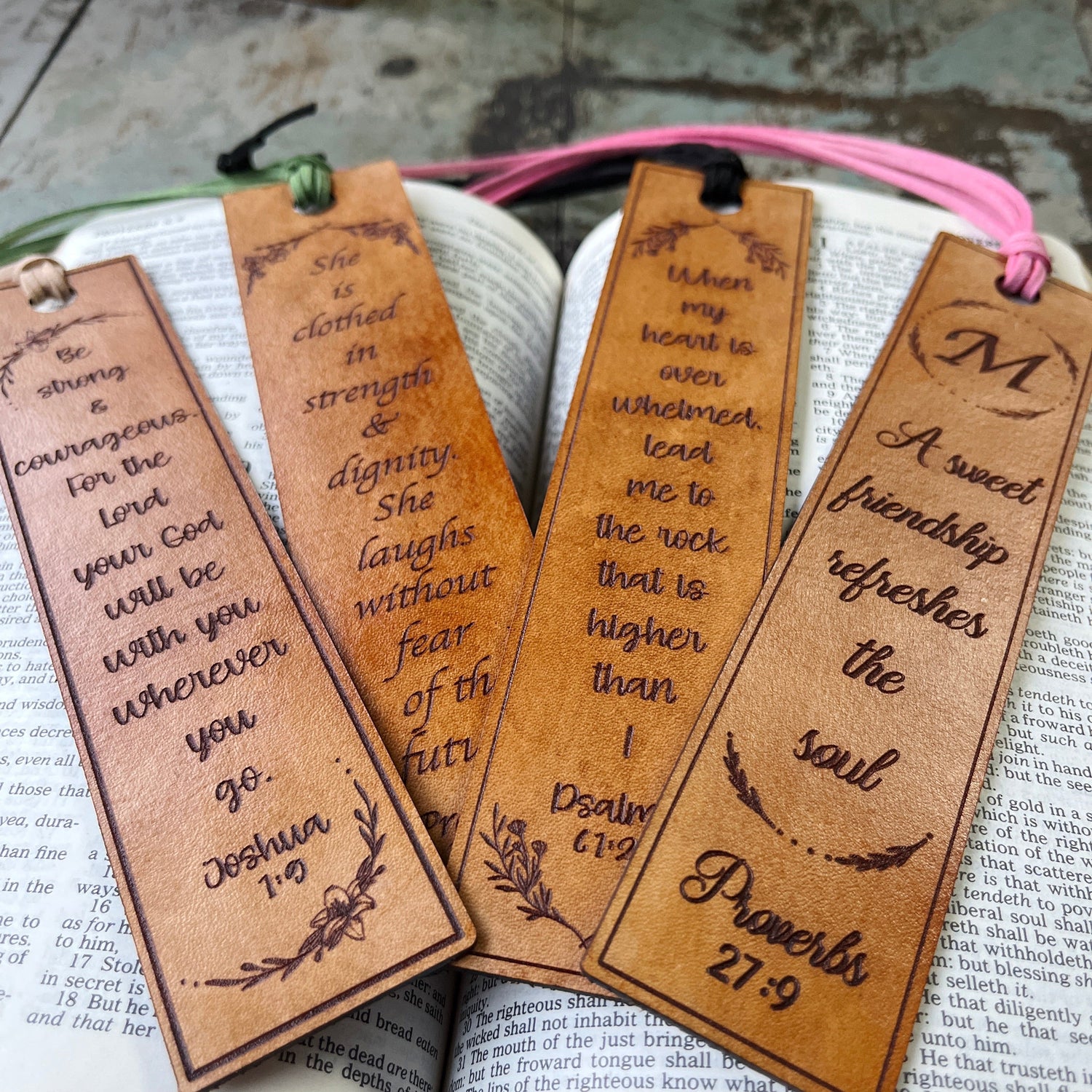 custom leather bookmarks, front view 