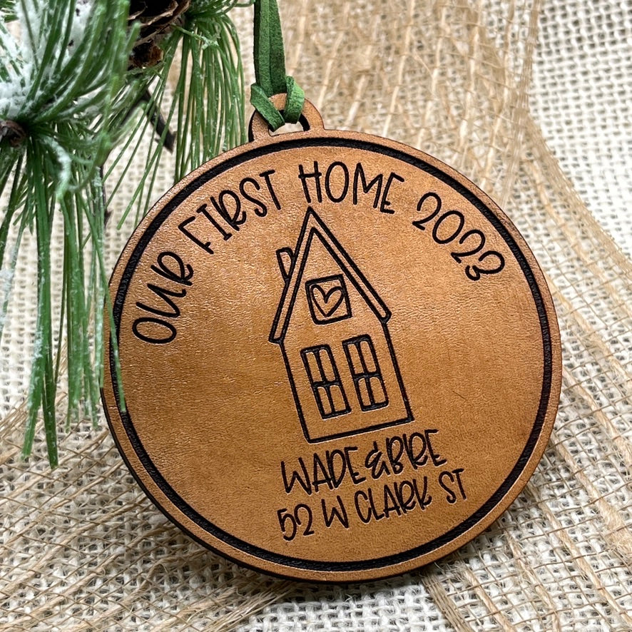 Our First Home Ornament 2025 - House Warming Christmas Gift - Genuine Leather Ornament