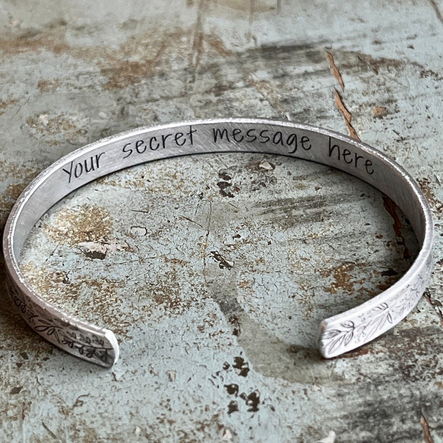 Floral Engraved Aluminum Cuff Bracelet | Secret Message Inside | Personalized Inspirational Gift for Her | Adjustable Hypoallergenic