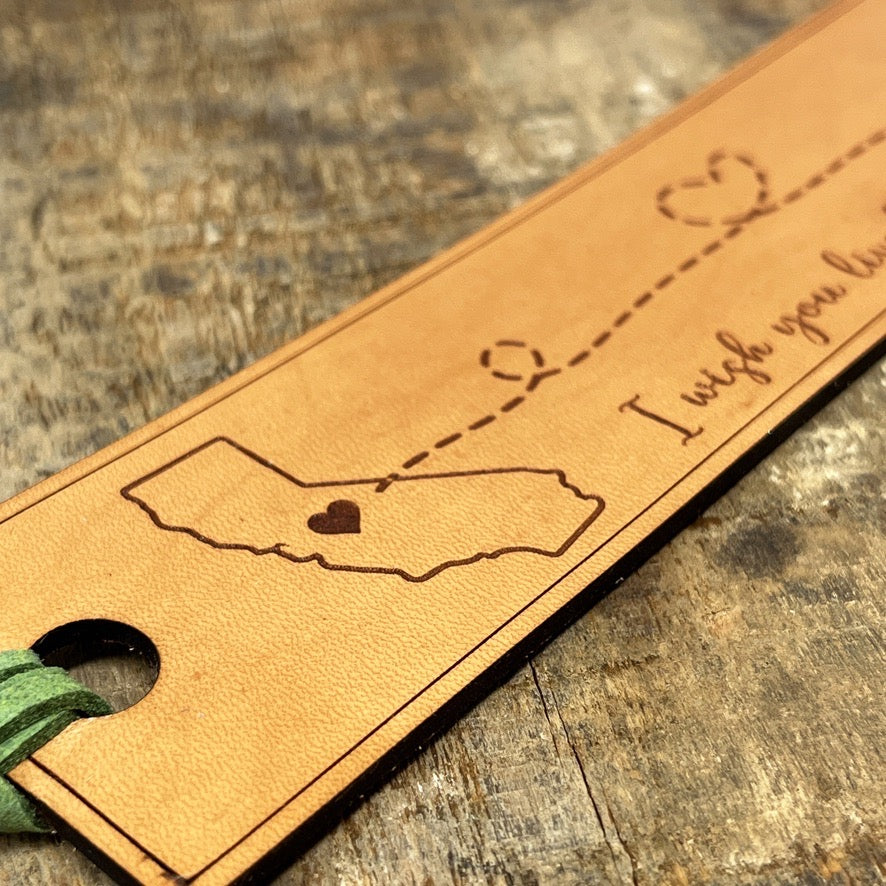 Long Distance Leather Bookmark – “I Wish You Lived Next Door” Two-State Design