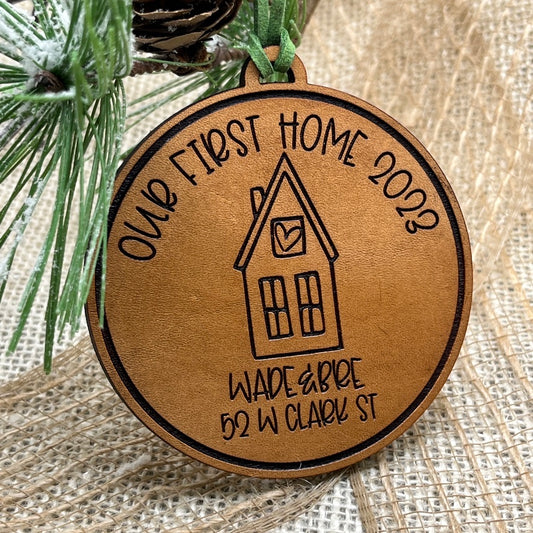 Our First Home Ornament 2025 - House Warming Christmas Gift - Genuine Leather Ornament