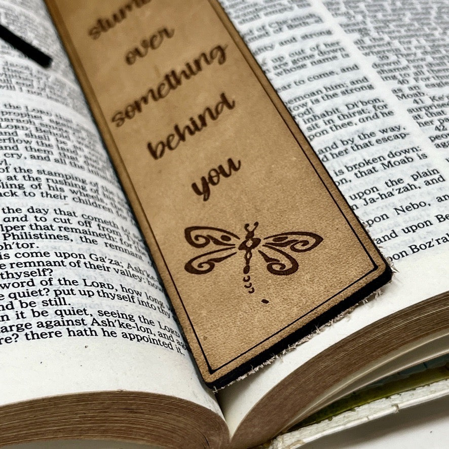 Leather Bookmark with Dragonfly – “Don’t Stumble Over Something Behind You” Inspirational Gift