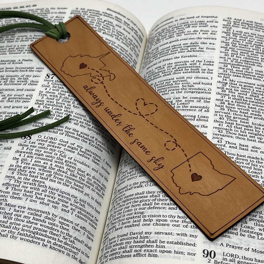 Long Distance Leather Bookmark – “Always Under the Same Sky” Two-State Design