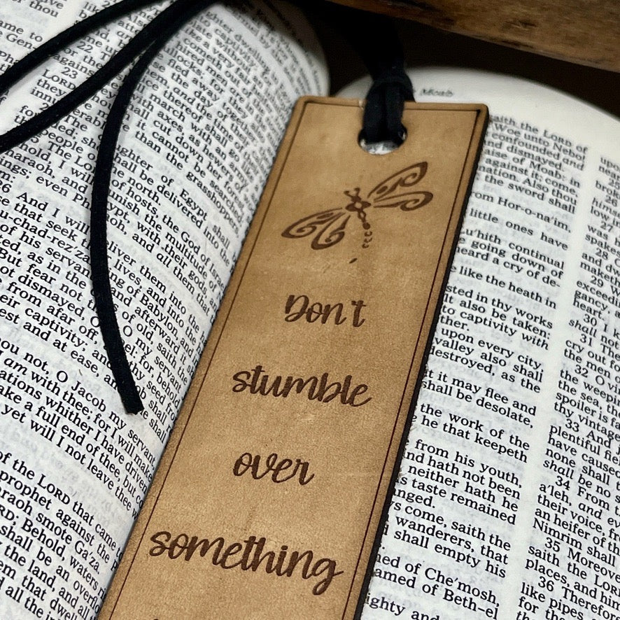 Leather Bookmark with Dragonfly – “Don’t Stumble Over Something Behind You” Inspirational Gift