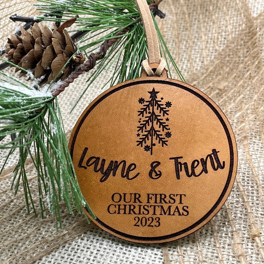 Our First Christmas 2025 - Couples Ornament - Engraved Leather Ornament