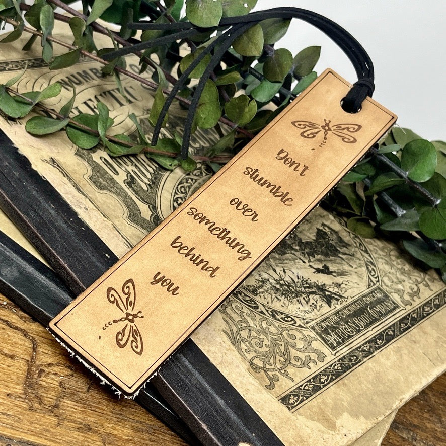 Leather Bookmark with Dragonfly – “Don’t Stumble Over Something Behind You” Inspirational Gift