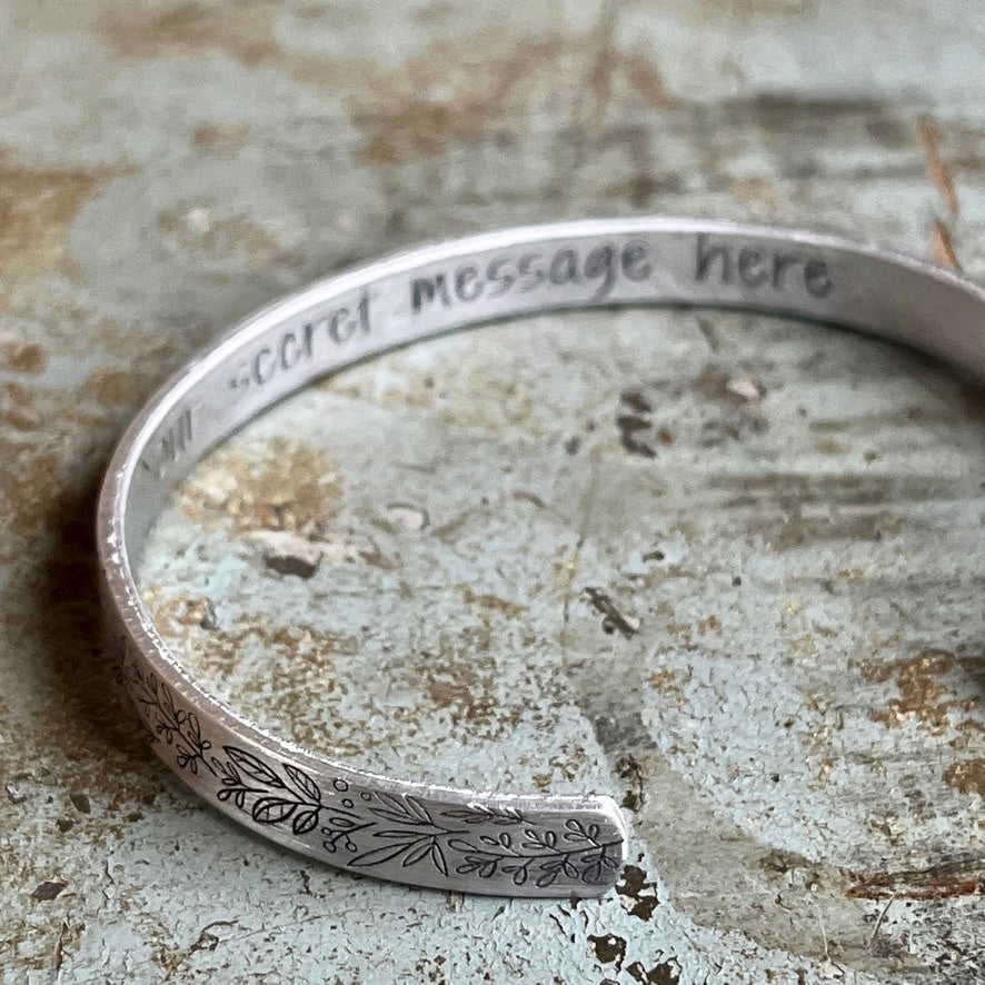Floral Engraved Aluminum Cuff Bracelet | Secret Message Inside | Personalized Inspirational Gift for Her | Adjustable Hypoallergenic