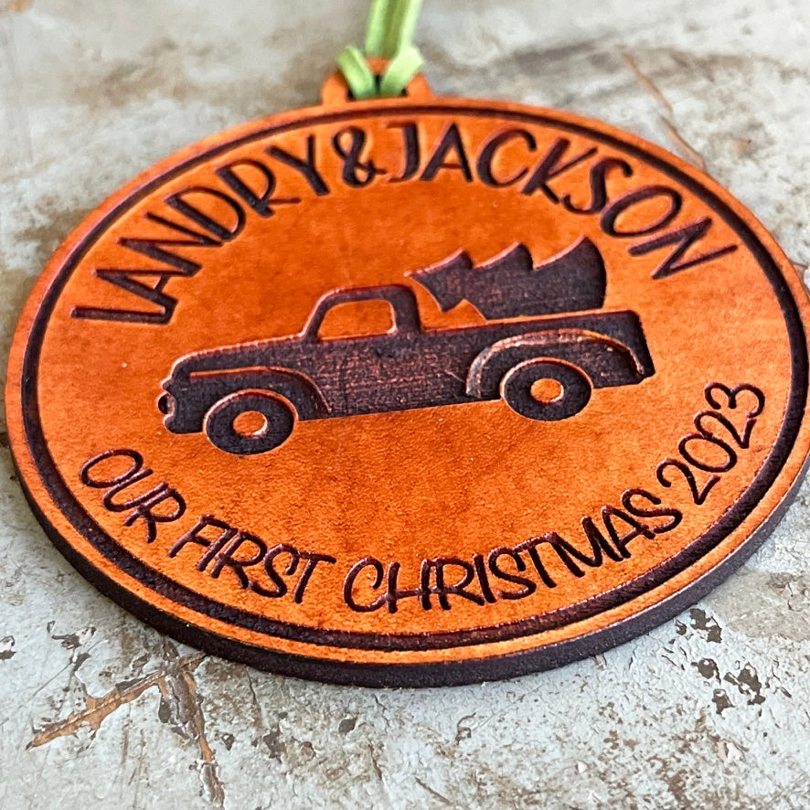 Our First Christmas - Vintage Truck Ornament - Unique Leather Ornament