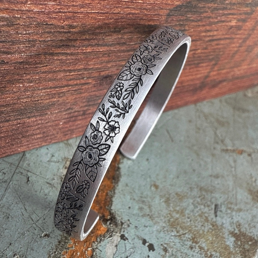 Engraved Floral Bracelet | Secret Message Jewelry | Personalized Birthday Gift for Best Friend | Adjustable Aluminum Cuff