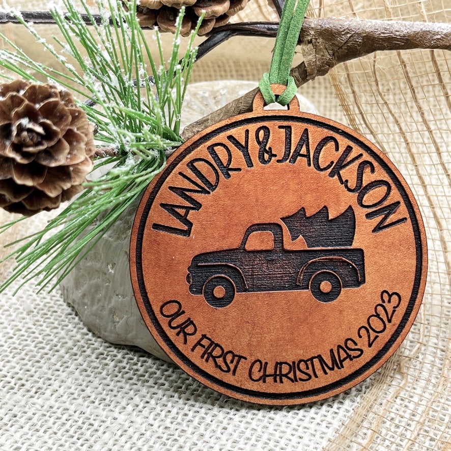 Our First Christmas - Vintage Truck Ornament - Unique Leather Ornament