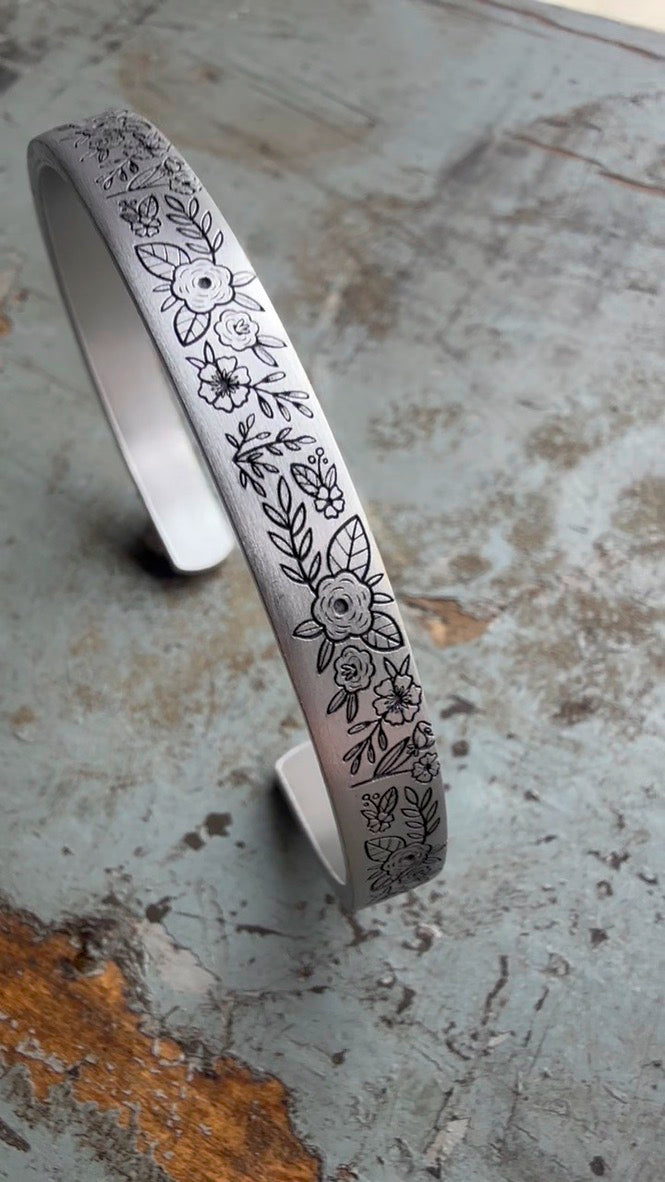 Engraved Floral Bracelet | Secret Message Jewelry | Personalized Birthday Gift for Best Friend | Adjustable Aluminum Cuff