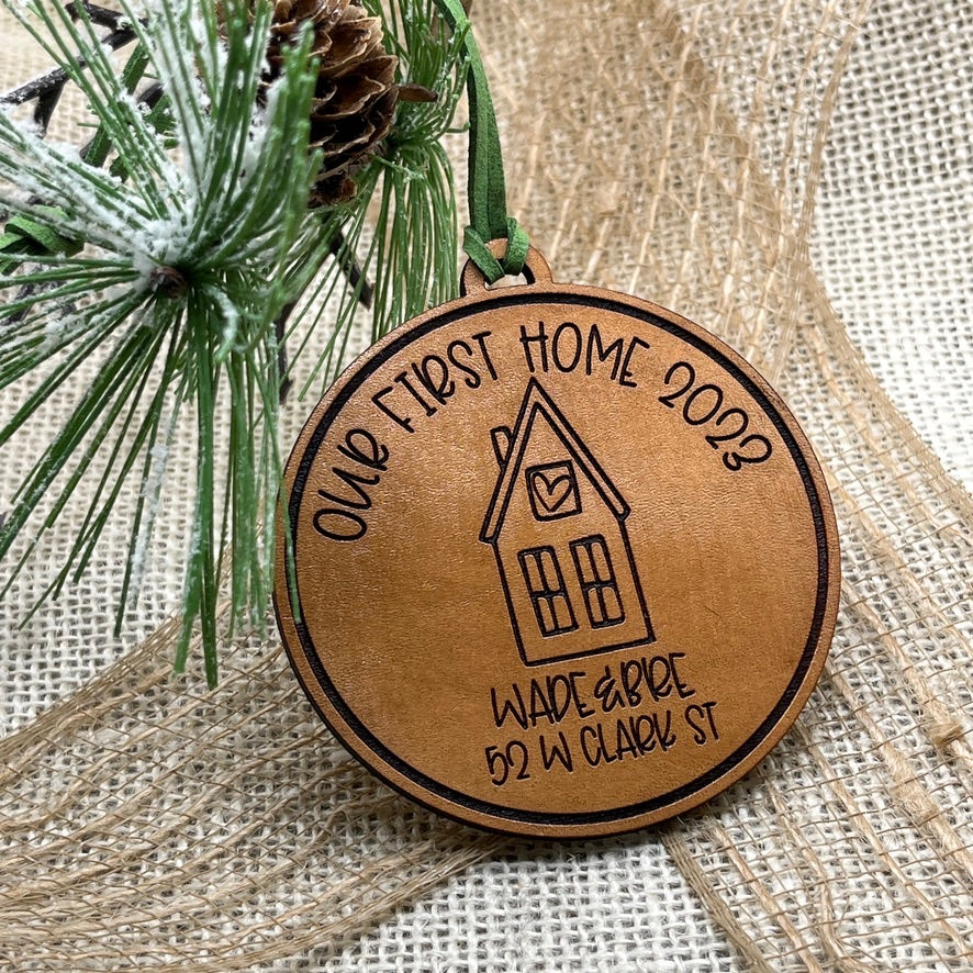 Our First Home Ornament 2025 - House Warming Christmas Gift - Genuine Leather Ornament
