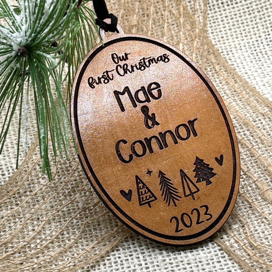 Couples Christmas Ornament - Our First Christmas 2025 - Engraved Leather Ornament