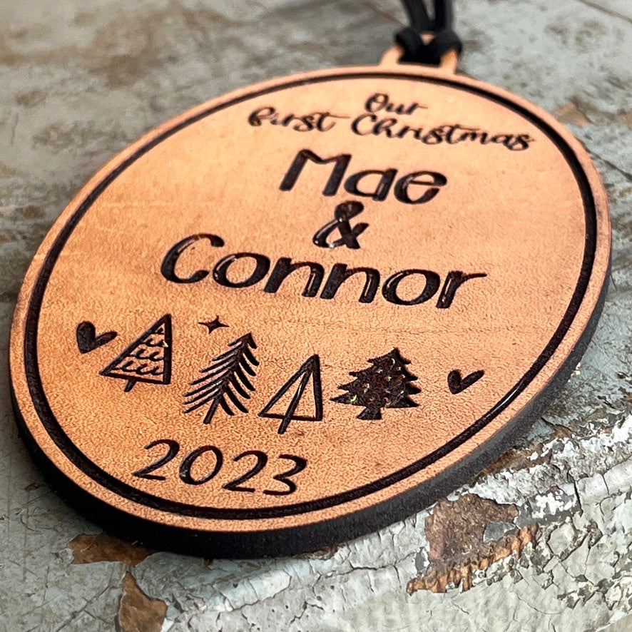 Couples Christmas Ornament - Our First Christmas 2025 - Engraved Leather Ornament