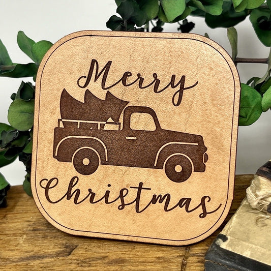 Farmhouse Christmas Decor -  Leather Coasters with Vintage Truck