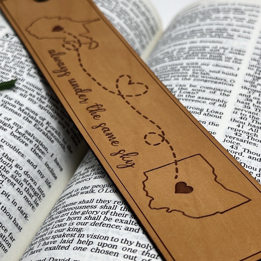 Long Distance Leather Bookmark – “Always Under the Same Sky” Two-State Design
