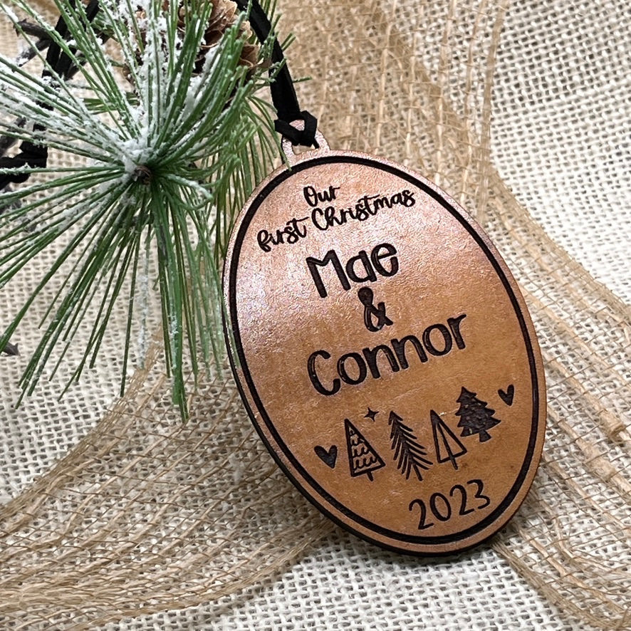 Couples Christmas Ornament - Our First Christmas 2025 - Engraved Leather Ornament