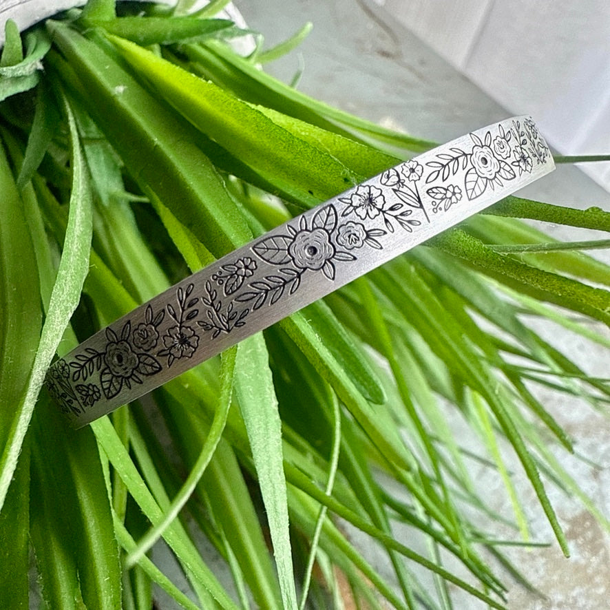 Engraved Floral Bracelet | Secret Message Jewelry | Personalized Birthday Gift for Best Friend | Adjustable Aluminum Cuff