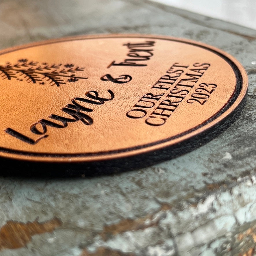 Our First Christmas 2025 - Couples Ornament - Engraved Leather Ornament