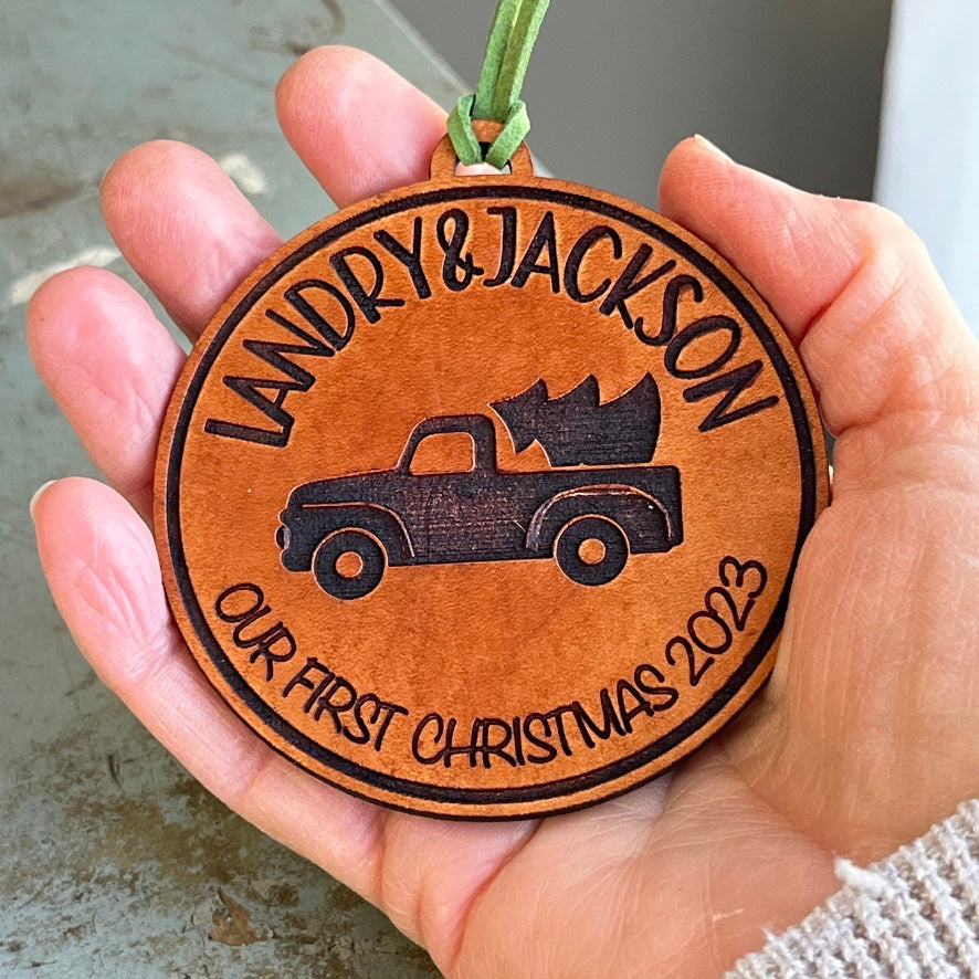 Our First Christmas - Vintage Truck Ornament - Unique Leather Ornament