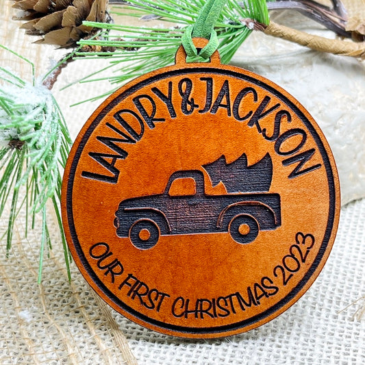 Our First Christmas - Vintage Truck Ornament - Unique Leather Ornament