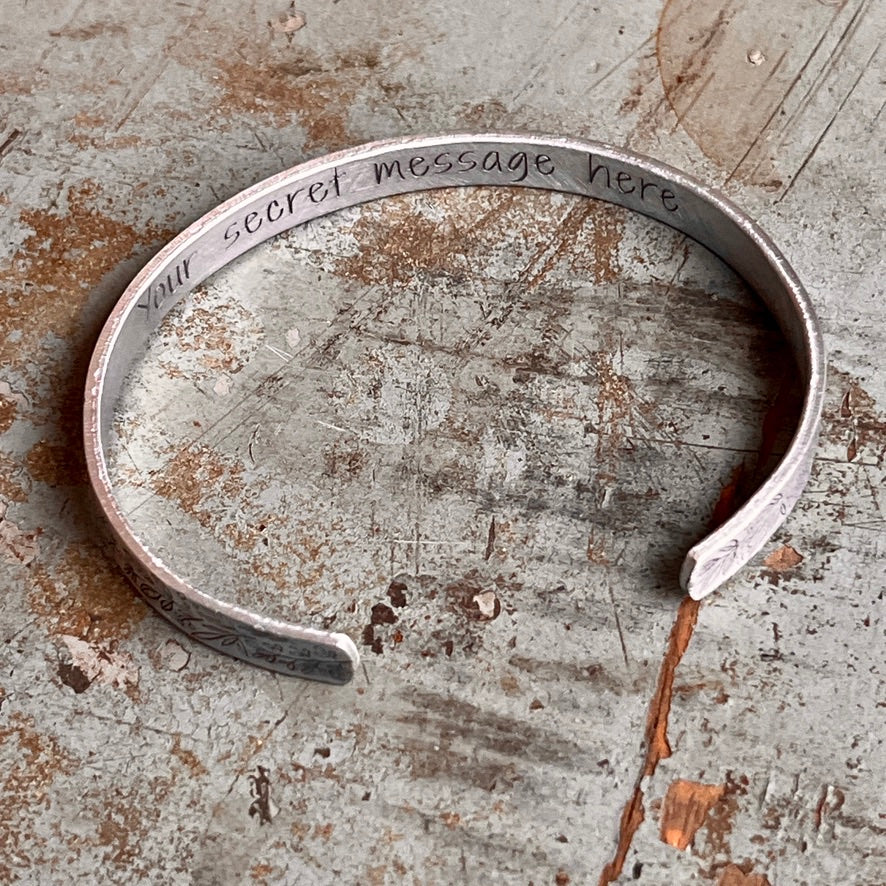 Floral Engraved Aluminum Cuff Bracelet | Secret Message Inside | Personalized Inspirational Gift for Her | Adjustable Hypoallergenic