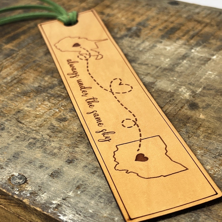 Long Distance Leather Bookmark – “Always Under the Same Sky” Two-State Design