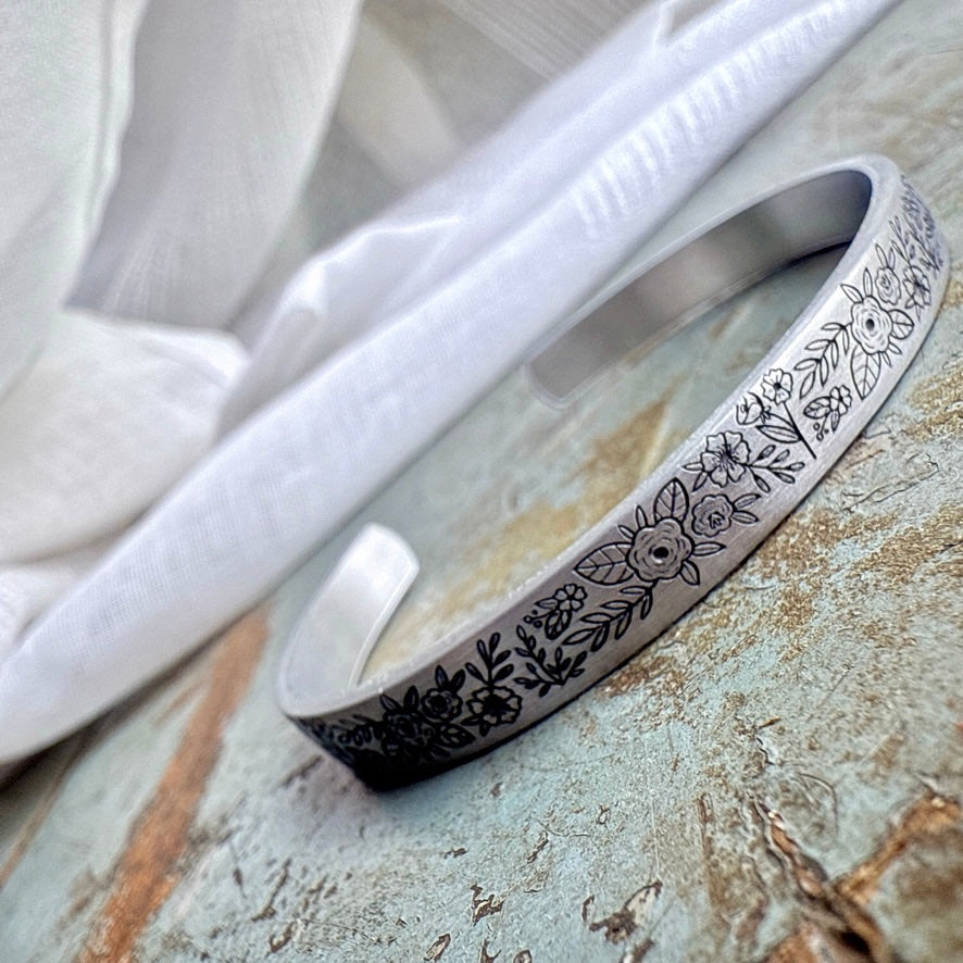 Engraved Floral Bracelet | Secret Message Jewelry | Personalized Birthday Gift for Best Friend | Adjustable Aluminum Cuff