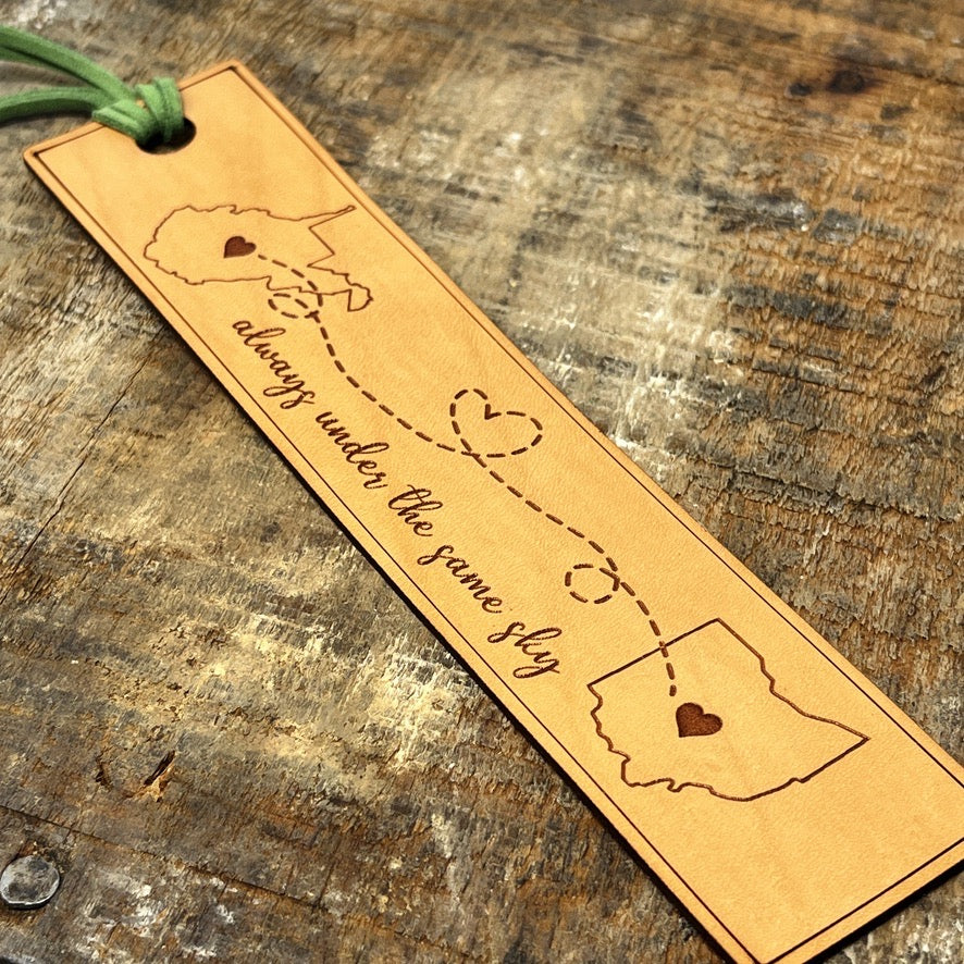 Long Distance Leather Bookmark – “Always Under the Same Sky” Two-State Design