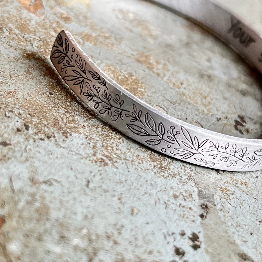 Floral Engraved Aluminum Cuff Bracelet | Secret Message Inside | Personalized Inspirational Gift for Her | Adjustable Hypoallergenic