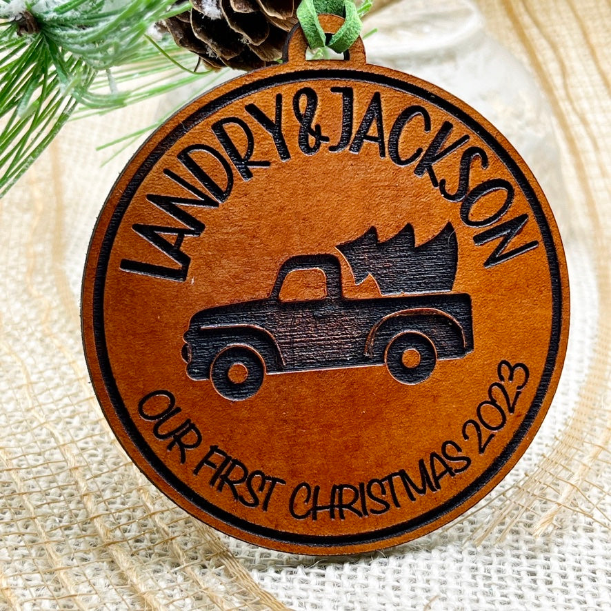 Our First Christmas - Vintage Truck Ornament - Unique Leather Ornament