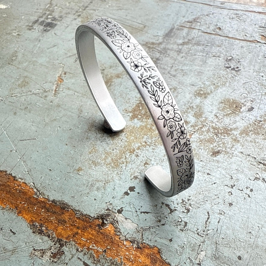 Engraved Floral Bracelet | Secret Message Jewelry | Personalized Birthday Gift for Best Friend | Adjustable Aluminum Cuff