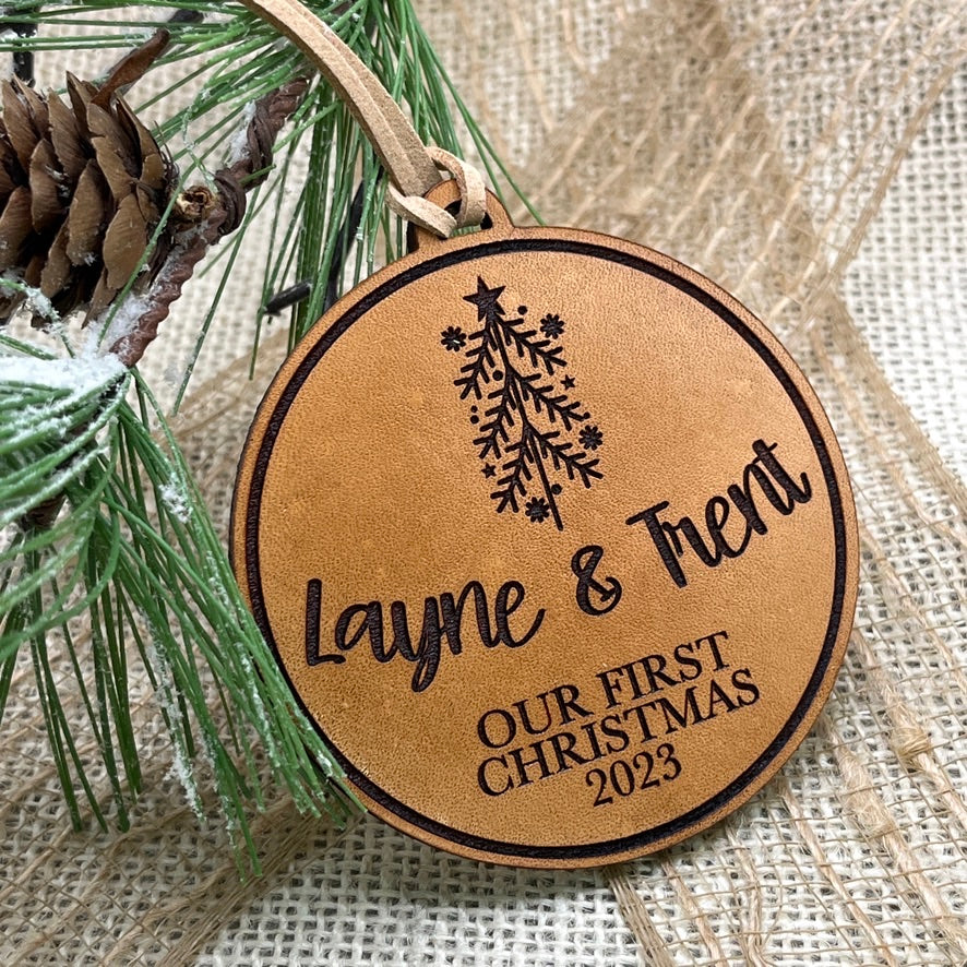 Our First Christmas 2025 - Couples Ornament - Engraved Leather Ornament