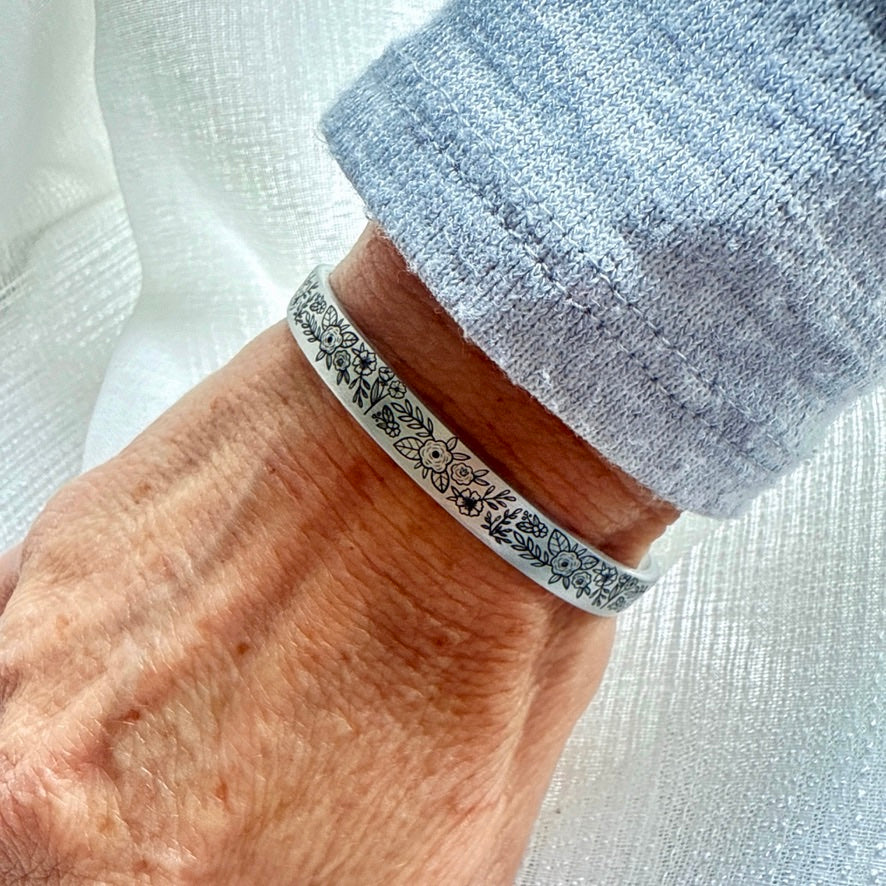 Engraved Floral Bracelet | Secret Message Jewelry | Personalized Birthday Gift for Best Friend | Adjustable Aluminum Cuff