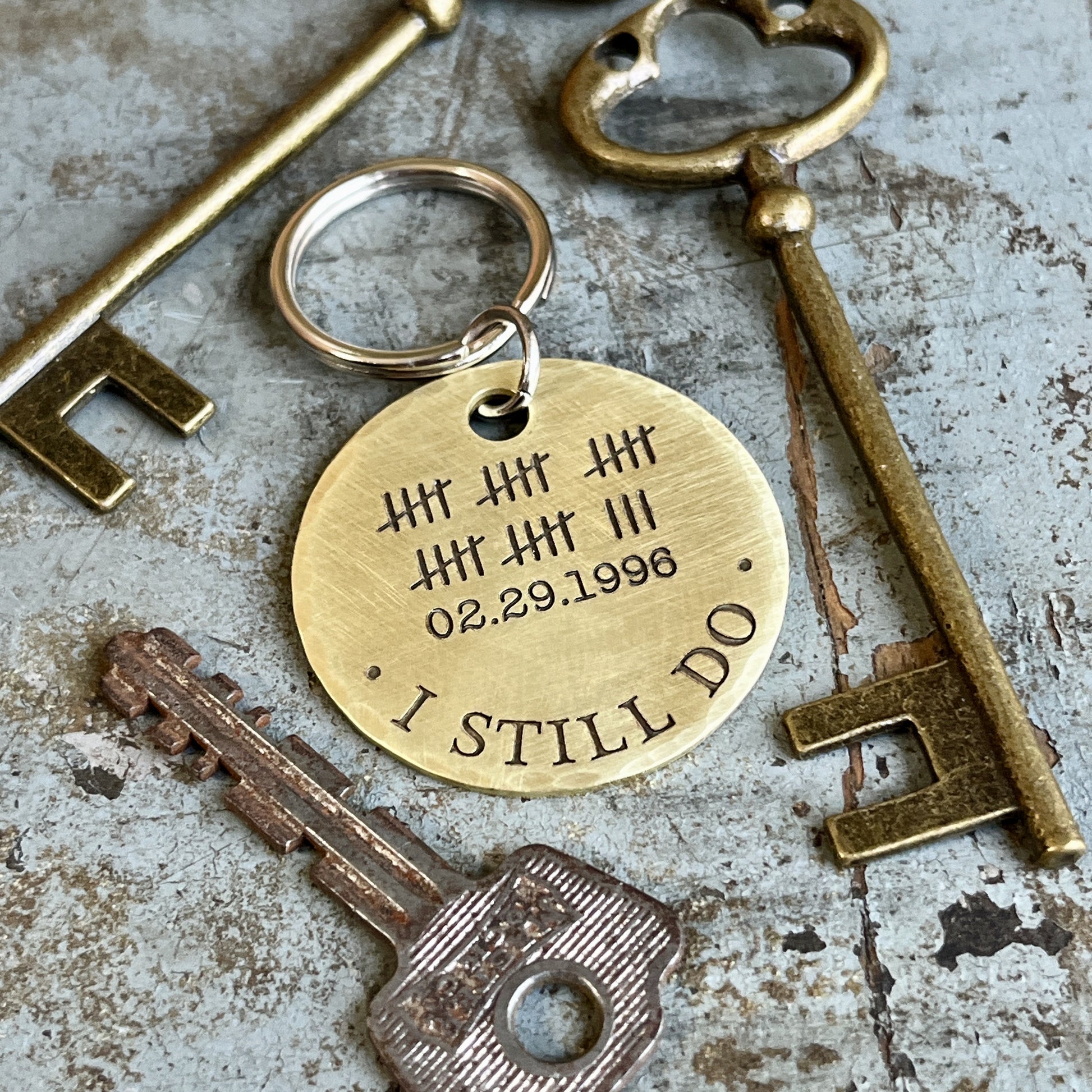 Unique Anniversary Gift for Him Brass Tally Marks Keychain I