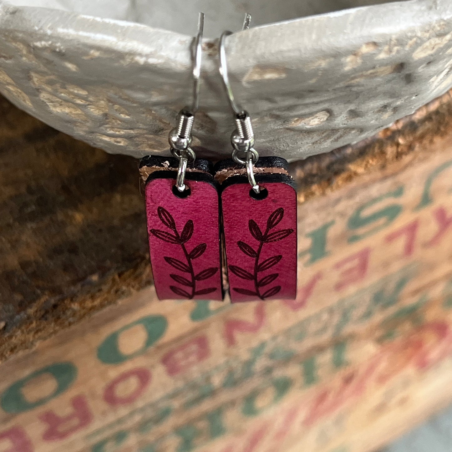 Boho Pink Leather Engraved Earrings with Leaf Design, Modern Loop Earrings