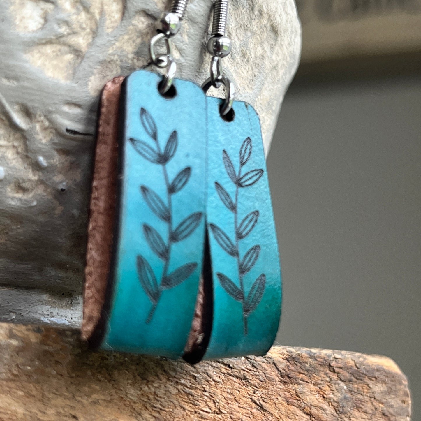 Boho Turquoise Leather Engraved Earrings with Leaf Design, Modern Loop Earrings