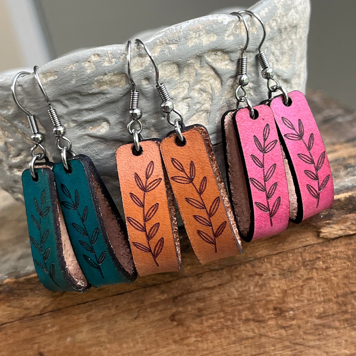 Boho Pink Leather Engraved Earrings with Leaf Design, Modern Loop Earrings