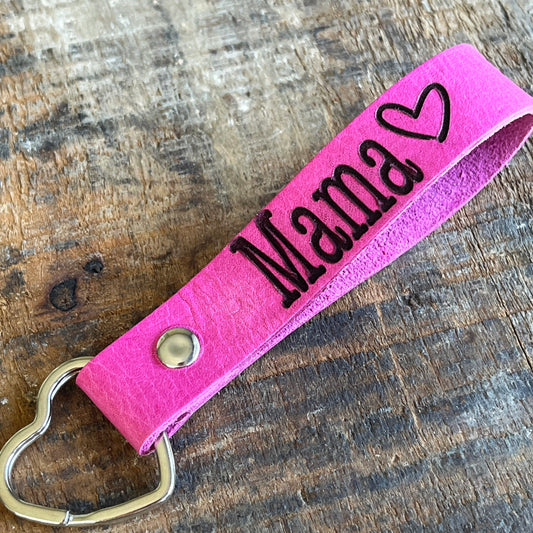 Mama Leather Keychain in Pink with Heart, Custom Mom Gifts for Mothers Day