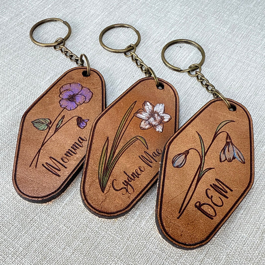 Leather retro motel keyfob with hand-painted birth month flower and personalized engraved name, vintage-style handmade keychain