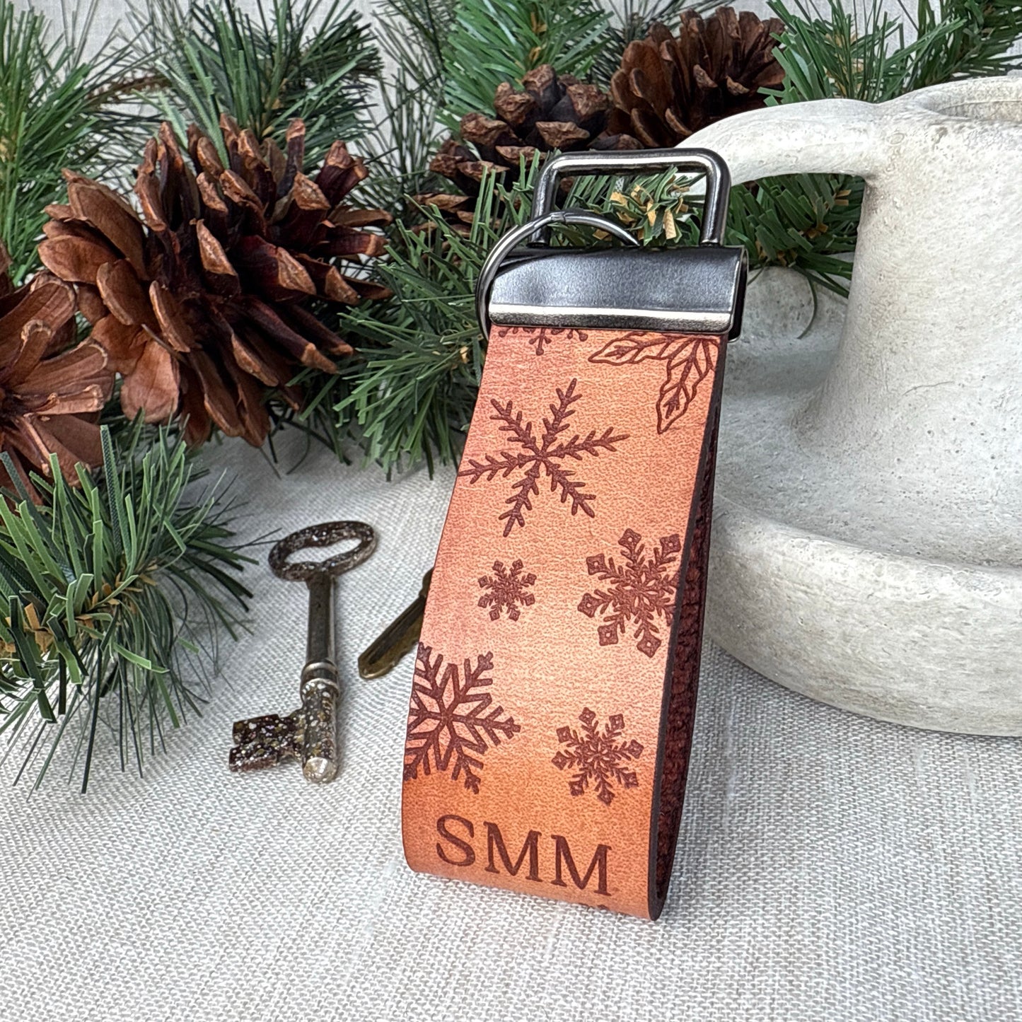 Personalized Leather Snowflake Keyfob with Initials – Custom Genuine Leather Keychain